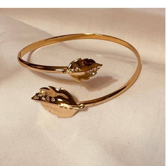 Vintage Leaf & Rhinestone Accents 14K Goldplated Cuff Bangle Bracelet-NWOT - Picture 3 of 3